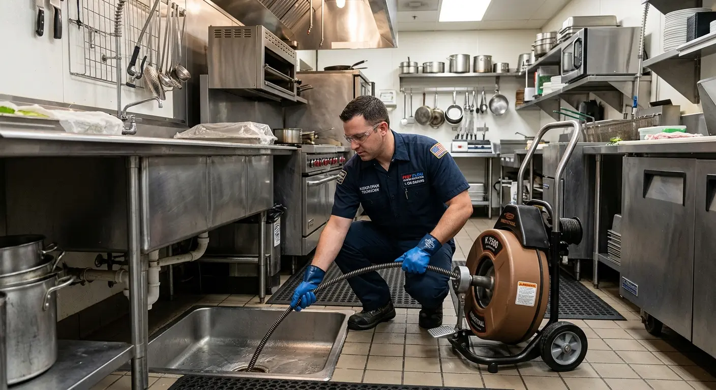 Commercial drain cleaning service in a restaurant kitchen in Muleshoe