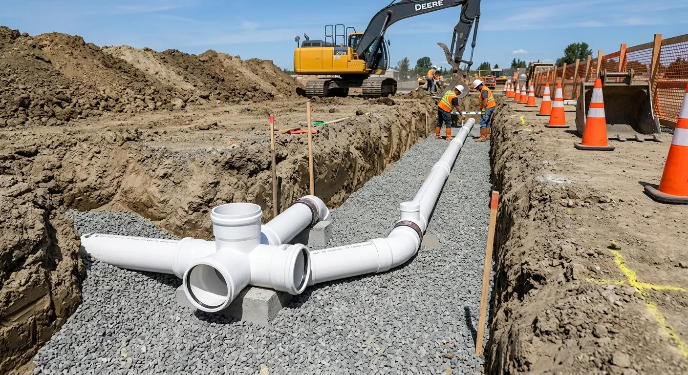 New PVC sewer pipe installation in open trench for Sewer Camera Inspection in Muleshoe