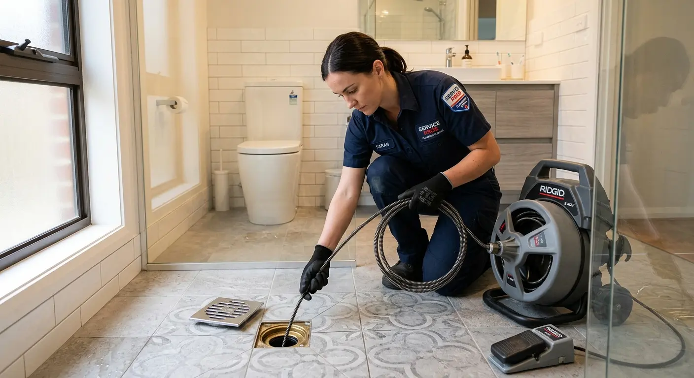 Technician clearing a bathroom floor drain for Clogged Drain Repair in Muleshoe